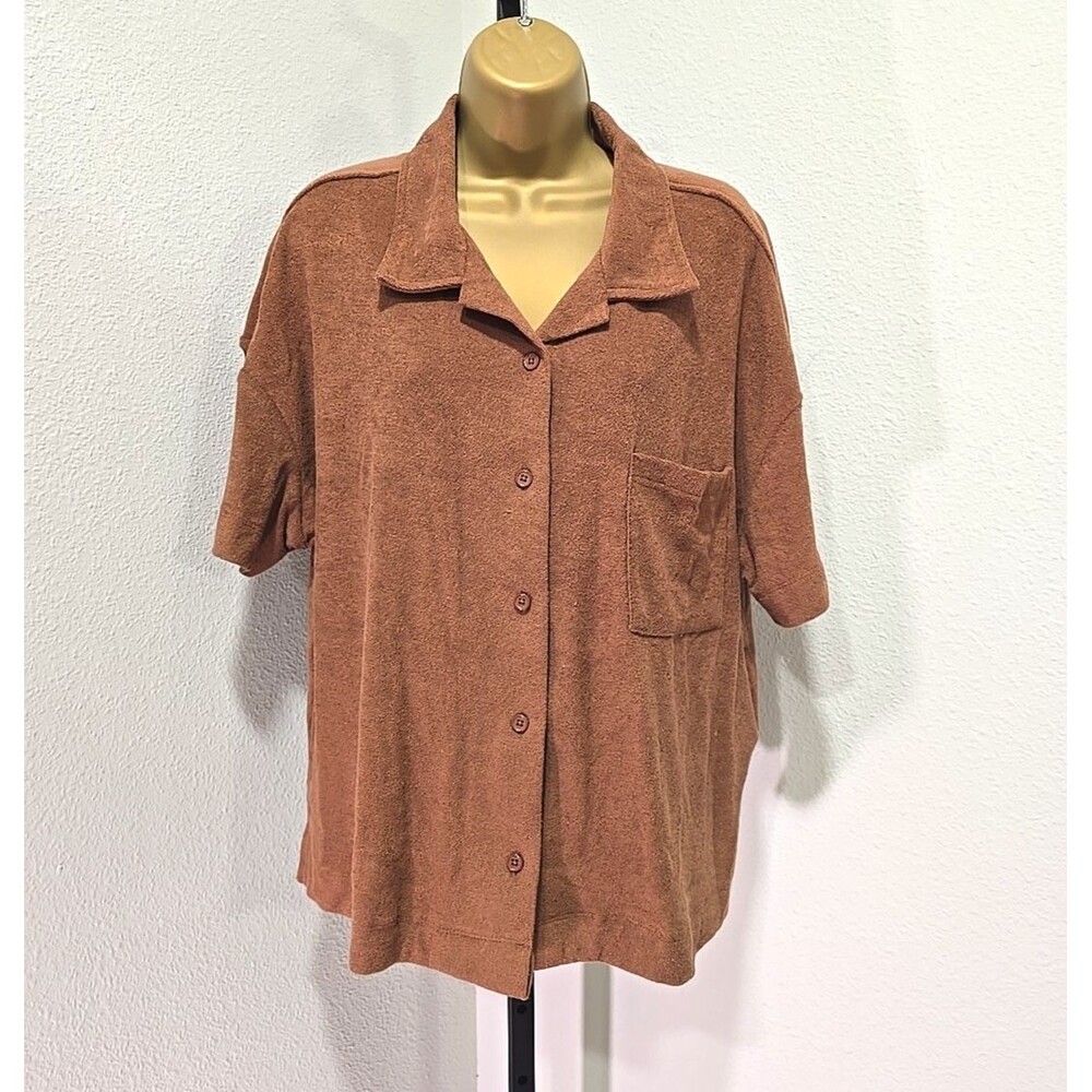 NWT Brown Terry Button Camp Shirt Womens Lge Boxy Oversized Lagenlook Minimalist